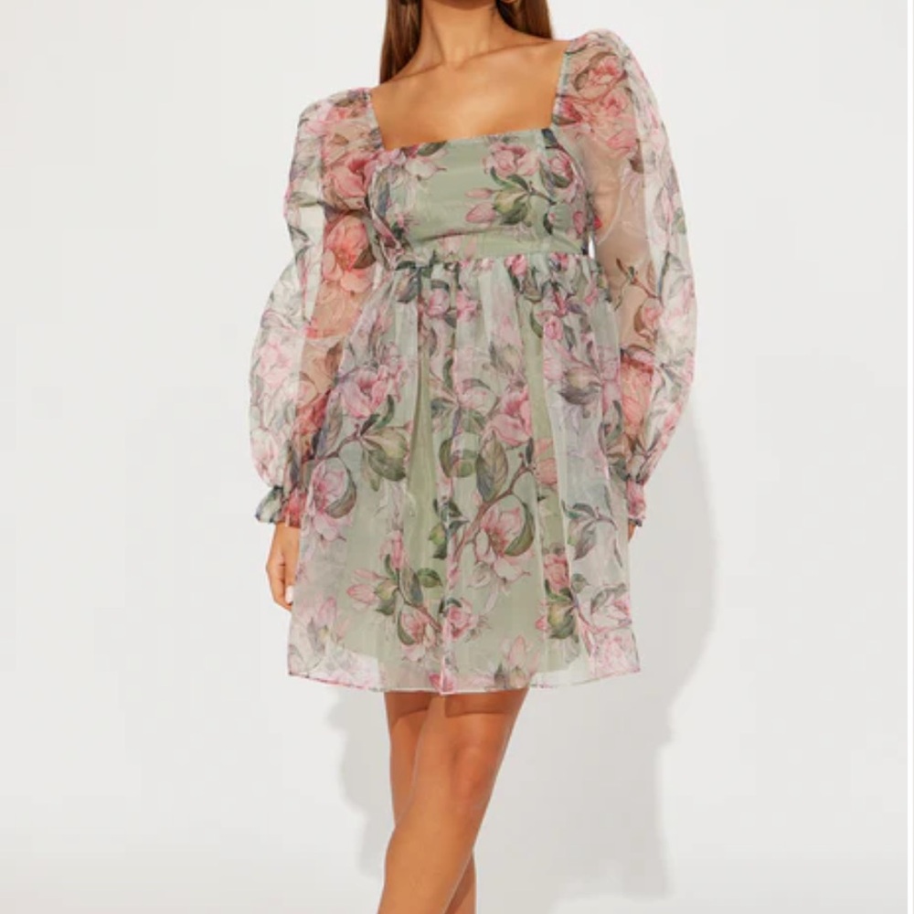 Fashion Nova Floral Long Sleeve Dress - Green and Pink